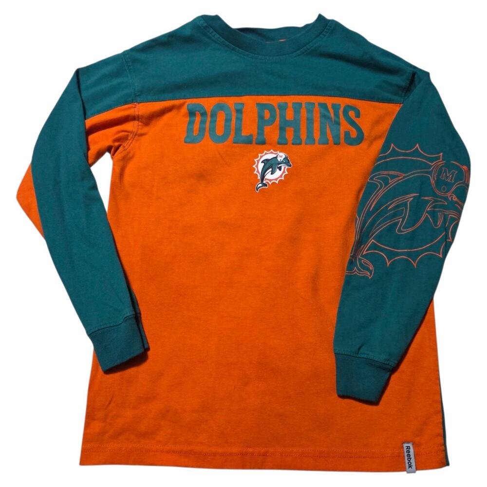 Reebok Miami Dolphins NFL Boys M Long Sleeve Shirt Teal Orange Graphic